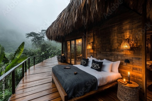A wooden treehouse accommodation in a tropical rainforest