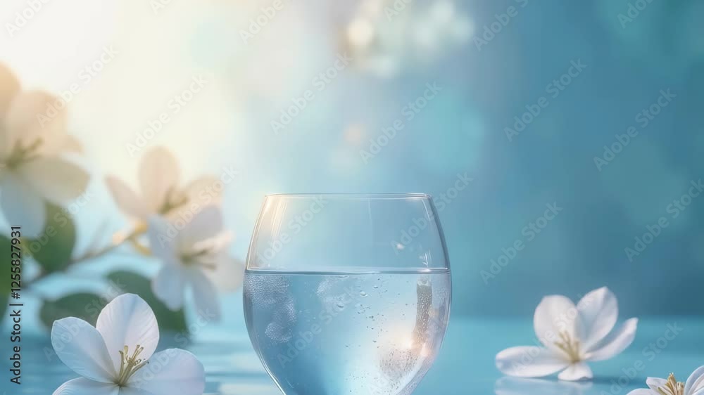 Glass of clear water surrounded by white flowers, serene atmosphere, nature-inspired setting. Drinking Water Glass Glass of clear water surrounded by white flowers, serene atmosphere, nature-inspired setting. Drinking Water Glass