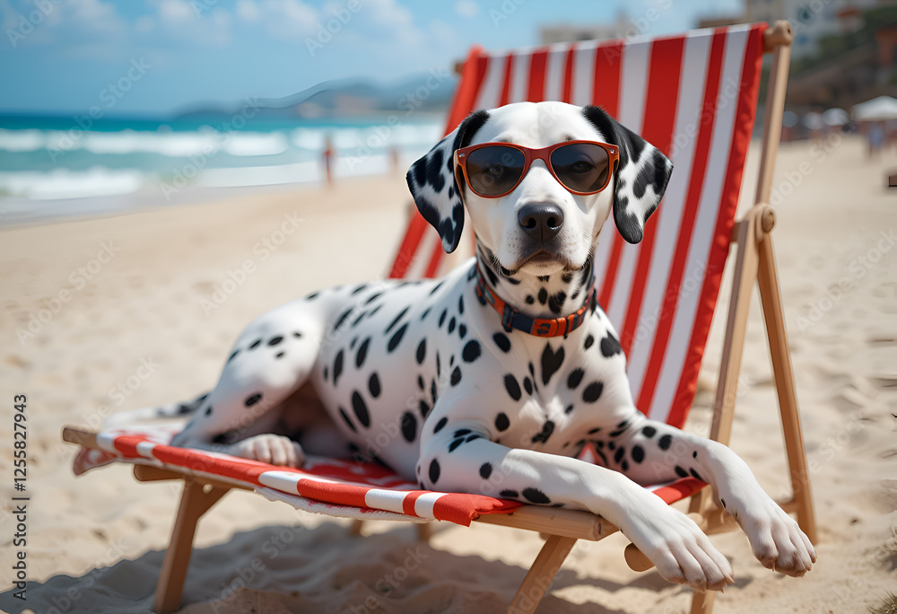 beautiful Dalmatian with sunglasses resting on vacation on beach. Digital artwork. Ai generated