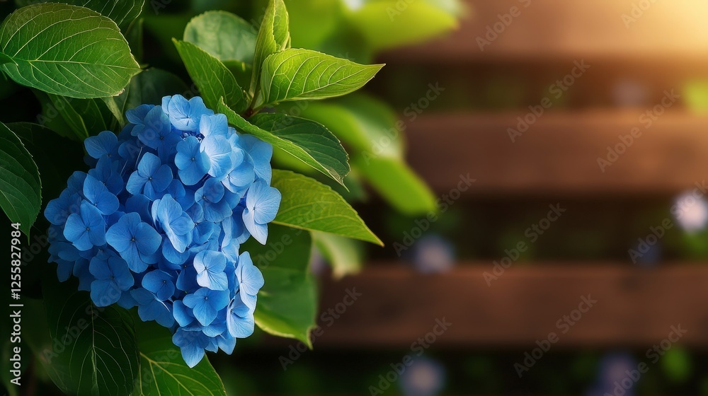 Lush Blue Hydrangea Flower with Green Leaves and Wooden Background in Soft Light Lush Blue Hydrangea Flower with Green Leaves and Wooden Background in Soft Light