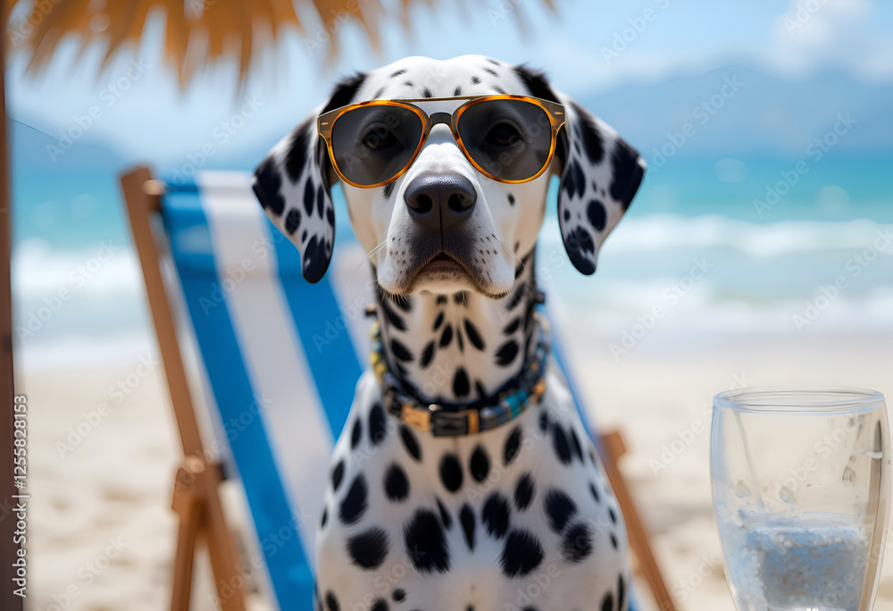 beautiful Dalmatian with sunglasses resting on vacation on beach. Digital artwork. Ai generated