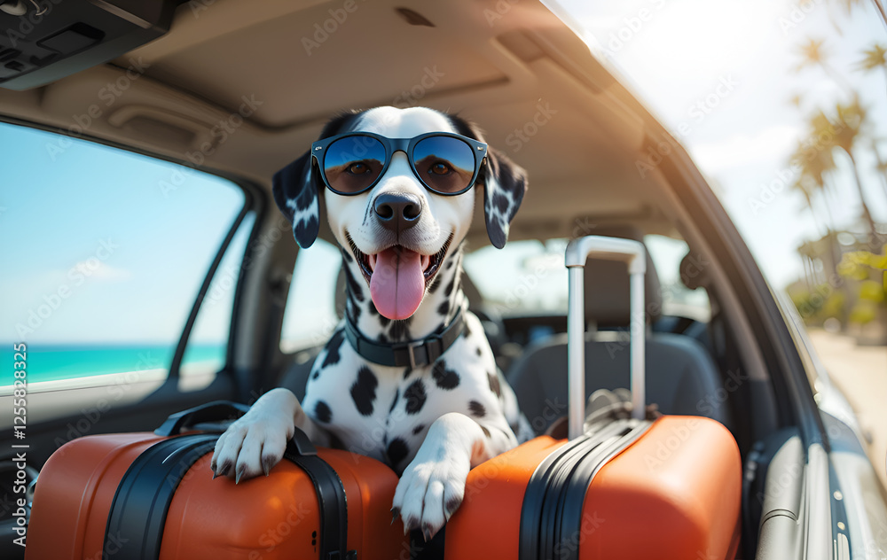 funny and happy Dalmatian with sunglasses driving car on vacation. Digital artwork. Ai generated