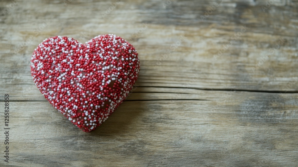 A sweet Valentine chocolate heart, decorated with red and white sprinkles, placed on a rustic wooden table with a romantic vibe. A sweet Valentine chocolate heart, decorated with red and white sprinkles, placed on a rustic wooden table with a romantic vibe.