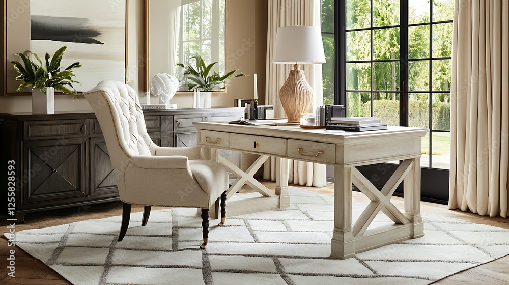 Elegant Home Office Desk Setting with Comfortable Chair Elegant Home Office Desk Setting with Comfortable Chair