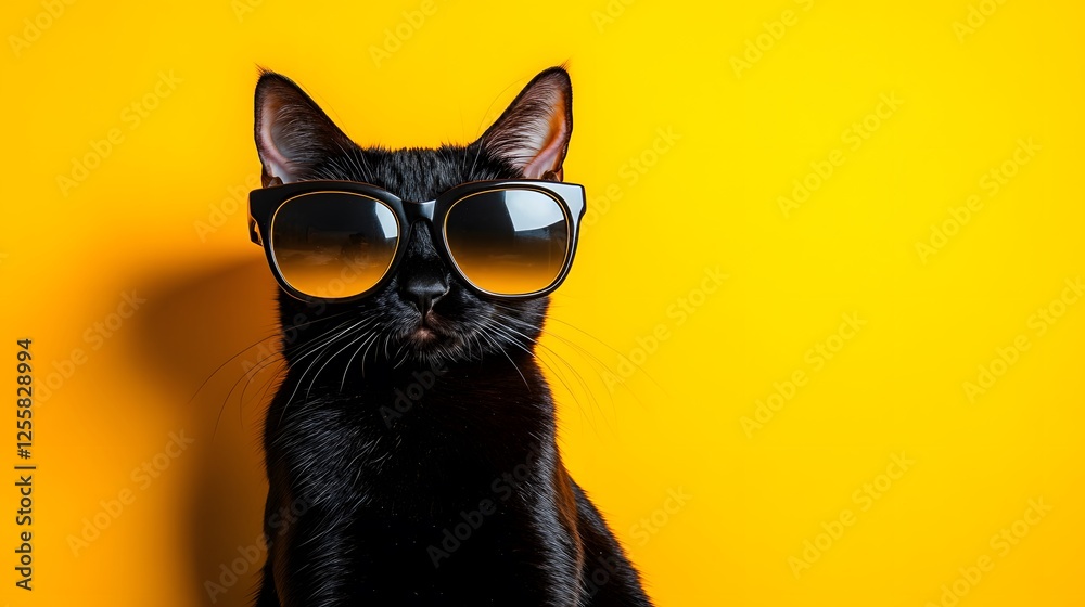 Obraz premium Black cat posing with sunglasses in front of yellow backdrop