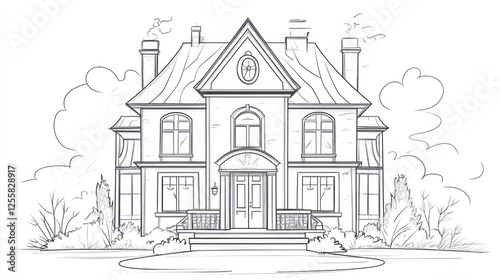 Elegant house sketch, vintage style, exterior view, architectural design, for real estate, illustration photo