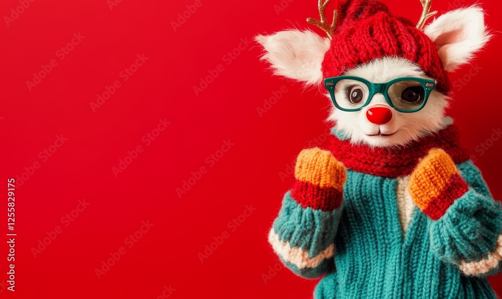 White dog in reindeer antlers, winter clothes, on red background for holiday cards White dog in reindeer antlers, winter clothes, on red background for holiday cards