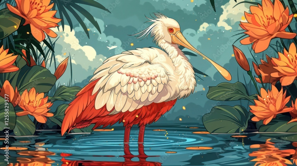 Fototapeta premium A vibrant illustration of a white and red bird standing in a serene water setting surrounded by flowers.