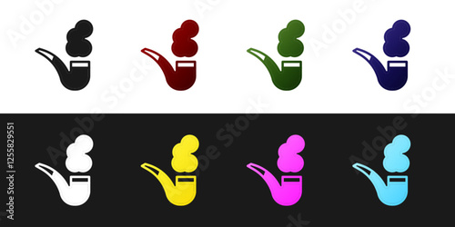 Set Smoking pipe with smoke icon isolated on black and white background. Tobacco pipe. Vector
