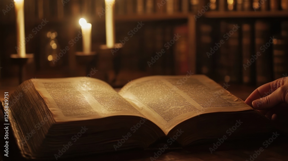 Fototapeta premium Illuminating Knowledge: An Antique Book Lit by Candlelight in the Library