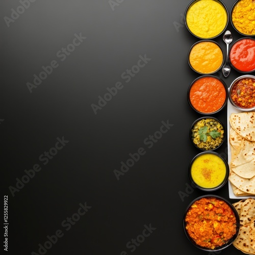 Authentic Indian Cuisine Spread with Colorful Dishes and Fresh Naan on Black Background