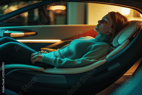 Young Caucasian Woman Relaxing Reclining Futuristic Autonomous Car Seat Interior Comfort Technology