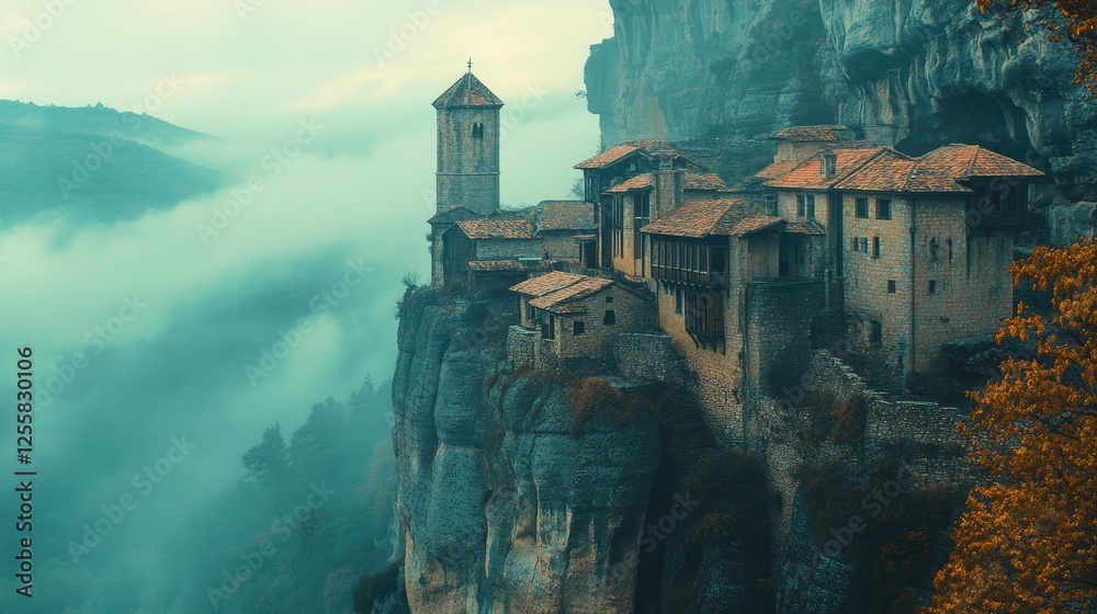European architecture on the edge of a cliff with misty mountains, evoking serenity and wonder European architecture on the edge of a cliff with misty mountains, evoking serenity and wonder