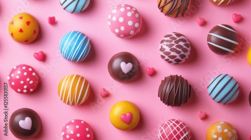 A top-down view of Valentine chocolates in vibrant colors, each with unique patterns like polka dots, stripes, and hearts. photo