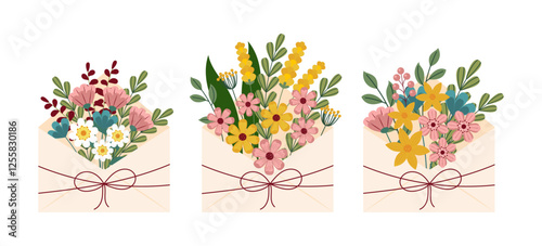 Set of envelopes with spring wild flowers. Design element for cards, patterns, posters, stickers. Flat style. Vector illustration