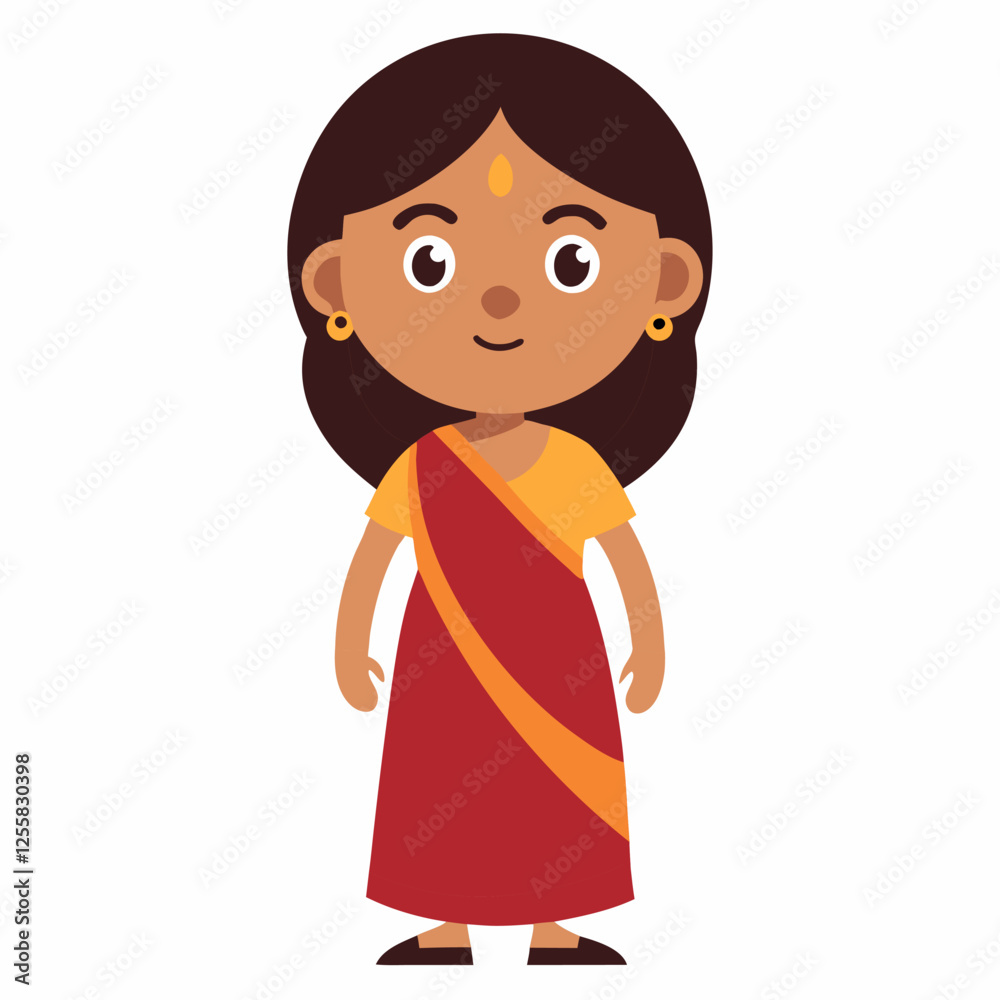 Cartoon Indian girl wearing saree. Asian culture. Isolated on white background. Front view. Vector illustration. Cartoon Indian girl wearing saree. Asian culture. Isolated on white background. Front view. Vector illustration.