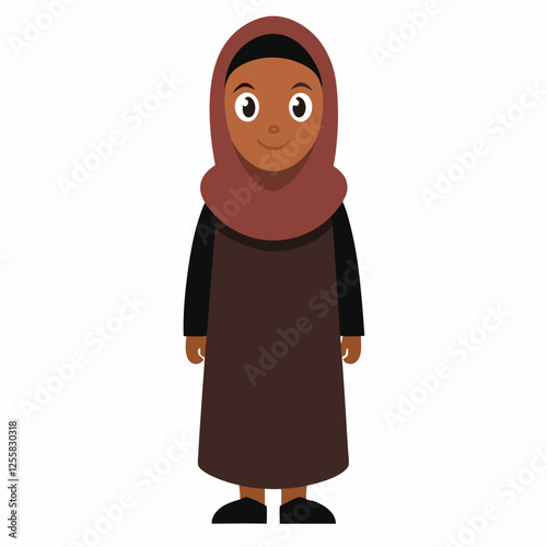 a cartoon muslim women in traditional brown  clothing. Isolated on white background. Front view. Vector illustration. 