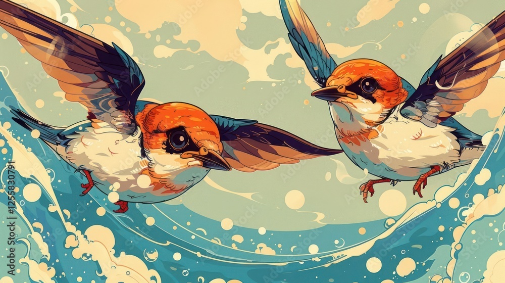 Naklejka premium Two vibrant birds flying over waves, showcasing nature's beauty in a colorful illustration.