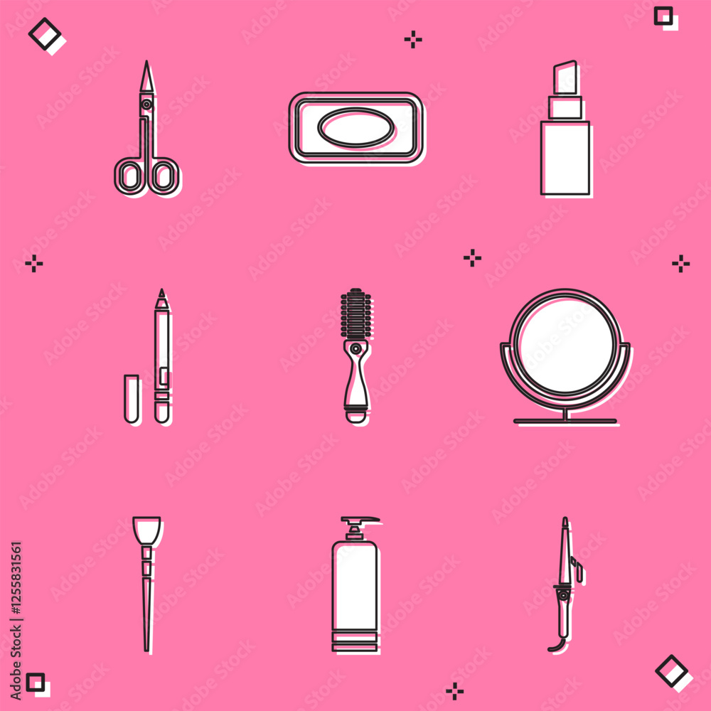 Set Scissors, Bar of soap, Lipstick, Eyeliner, eyebrow, Hairbrush, Round makeup mirror, Makeup and Cream cosmetic tube icon. Vector Set Scissors, Bar of soap, Lipstick, Eyeliner, eyebrow, Hairbrush, Round makeup mirror, Makeup and Cream cosmetic tube icon. Vector