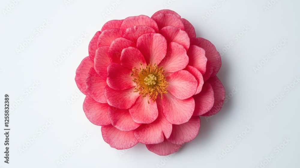 A vibrant pink rose flower positioned in the center of a clean white background, leaving ample negative space. A vibrant pink rose flower positioned in the center of a clean white background, leaving ample negative space.