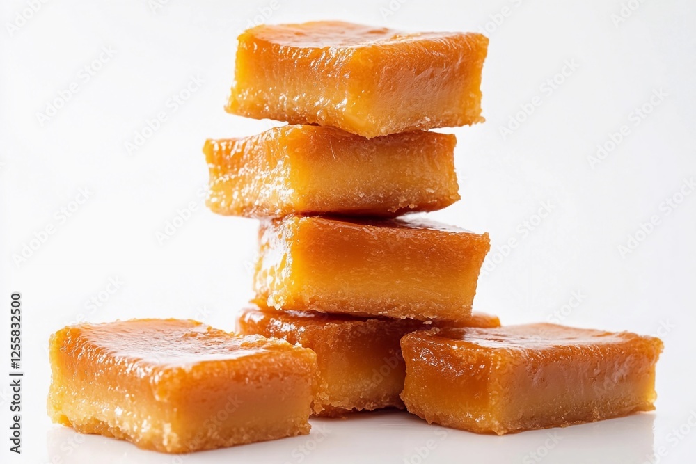 Delicious caramel squares stacked neatly on a white background showcasing a sweet treat perfect for dessert lovers