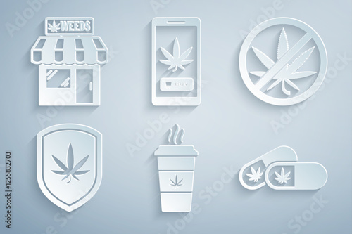 Set Cup coffee with marijuana, Stop, Shield and, Medical pills, Online buying and Marijuana cannabis store icon. Vector