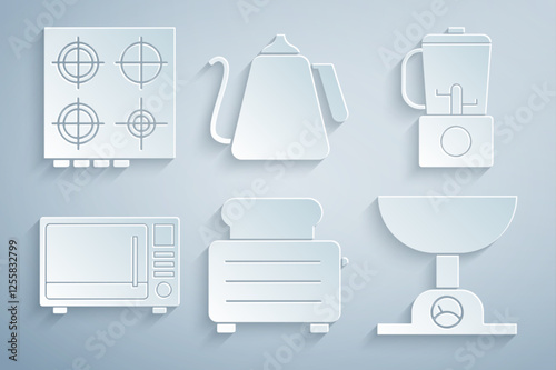 Set Toaster with toasts, Blender, Microwave oven, Electronic scales, Kettle handle and Gas stove icon. Vector