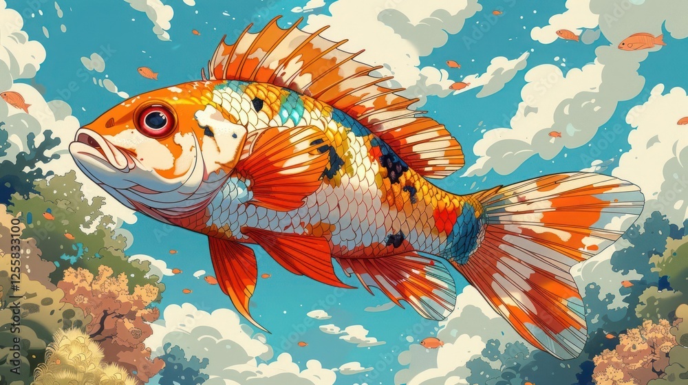 Fototapeta premium A vibrant, stylized illustration of a colorful fish swimming against a bright sky.