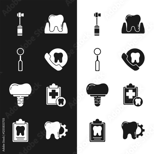 Set Online dental care, Dental inspection mirror, Toothbrush, implant, card, treatment procedure and icon. Vector