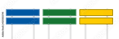 Set of blank yellow, green and blue traffic signs isolated on white background. Empty traffic signs