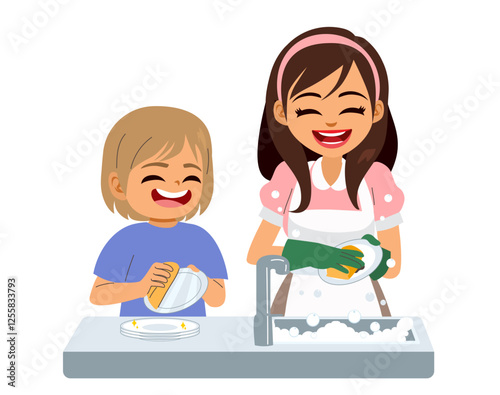 mother and son washing dish...