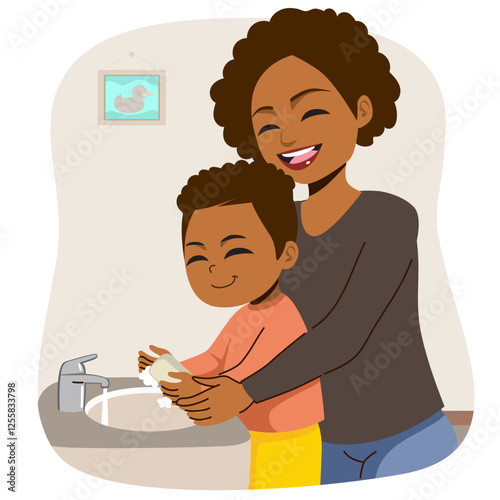 Mother Helping his son to wash his hands in the sink as their routine domestic life concept vector illustration