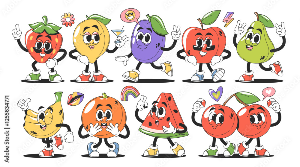 Fototapeta premium Comic fruits groovy characters, cute fresh juicy anthropomorphic sweet summer food mascot set