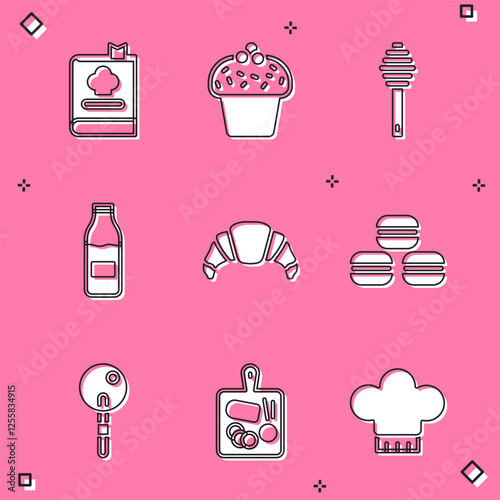 Set Cookbook, Cake, Honey dipper stick, Bottle with milk, Croissant, Macaron cookie, Lollipop and Cutting board icon. Vector