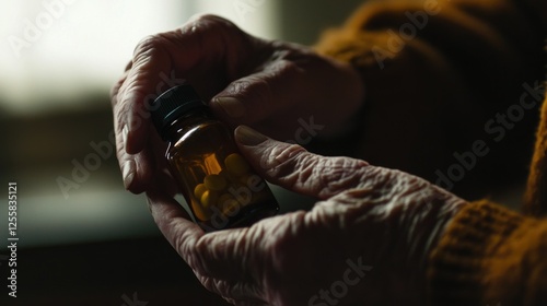 Senior hands holding prescription bottle, showing signs of aging process