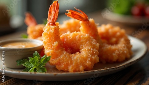 Delightful golden fried shrimp tempura with dipping sauce on rustic plate