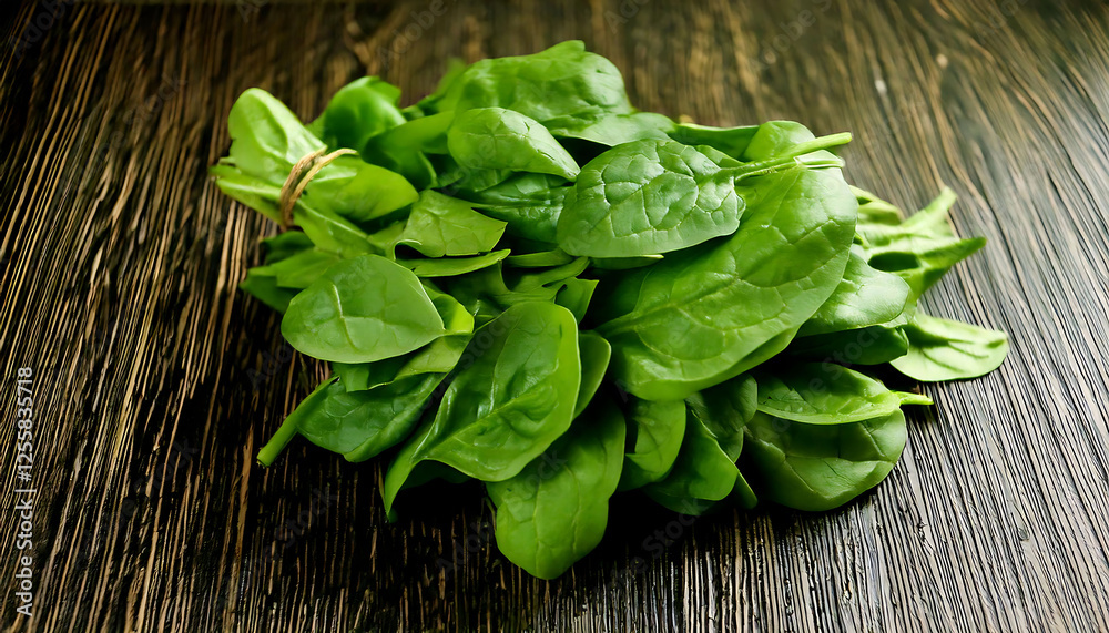 Vibrant bunch of fresh spinach leaves tied with twine, resting on a dark wooden surface. Perfect for healthy eating, cooking, or recipe websites. Vibrant bunch of fresh spinach leaves tied with twine, resting on a dark wooden surface. Perfect for healthy eating, cooking, or recipe websites.
