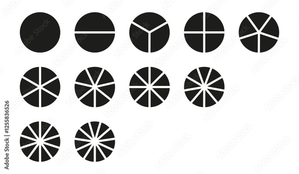 Circle division on equal parts from 1 to 11. Infographic minimalist set. Coaching blank. Pie, pizza chart templates. Wheel round divided diagrams with segments. Circle division on equal parts from 1 to 11. Infographic minimalist set. Coaching blank. Pie, pizza chart templates. Wheel round divided diagrams with segments.