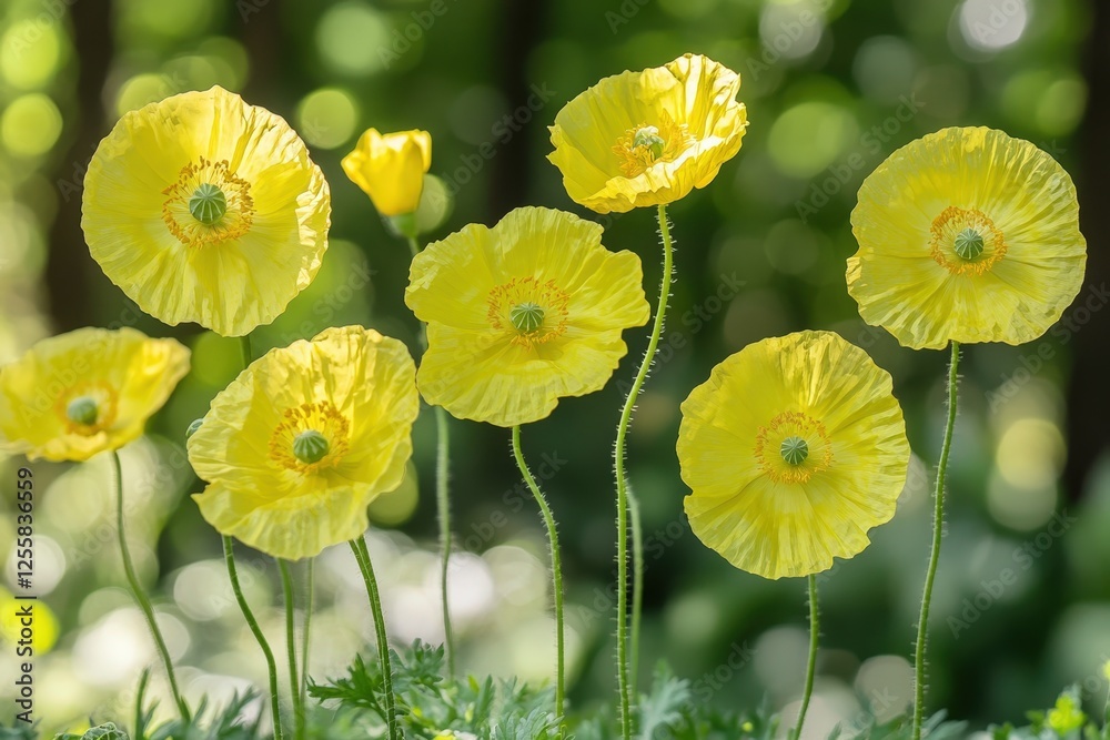 Obraz premium Bright yellow poppies in full bloom with delicate petals illuminated by soft sunlight, creating a cheerful and vibrant display of nature's beauty against a blurred green background