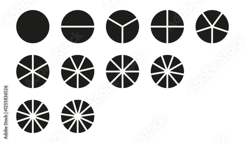 Circle division on equal parts from 1 to 11. Infographic minimalist set. Coaching blank. Pie, pizza chart templates. Wheel round divided diagrams with segments.