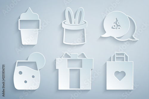 Set Gift box, Slice of pizza, Cocktail, Shopping bag with heart, Magician hat and rabbit ears and Ice cream waffle cone icon. Vector