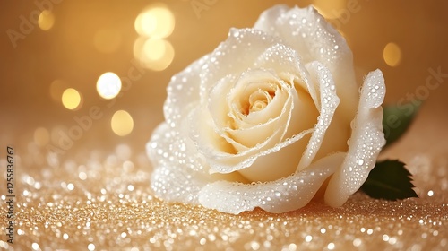 Dew Kissed White Rose On Glittering Gold Background
