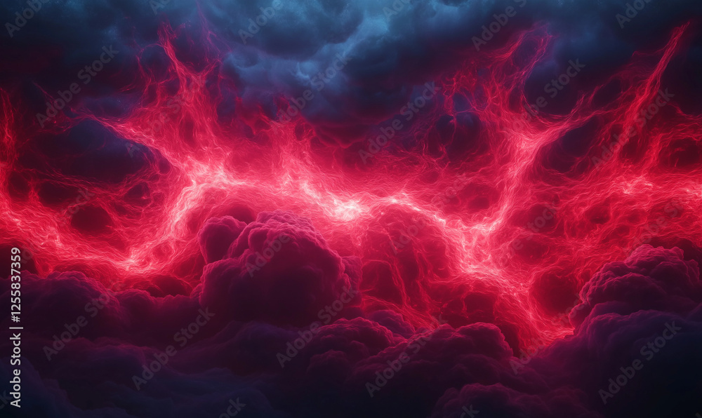 Fiery Red Lightning Storm, Abstract Energy Discharge in Dark Clouds Fiery Red Lightning Storm, Abstract Energy Discharge in Dark Clouds