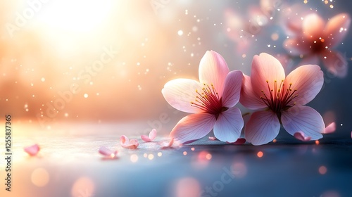 Two delicate pink sakura flowers on a table with a blurred background in soft natural light