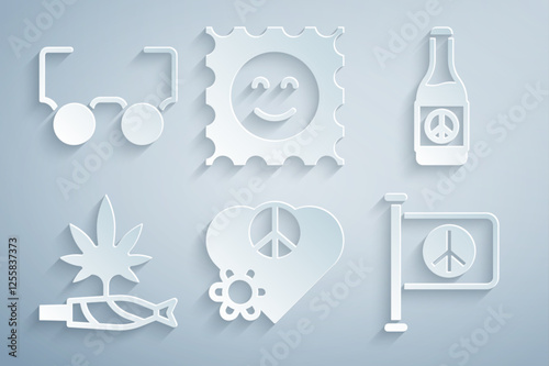 Set Love peace, Beer bottle, Marijuana joint, spliff, Flag, LSD acid mark and Glasses icon. Vector