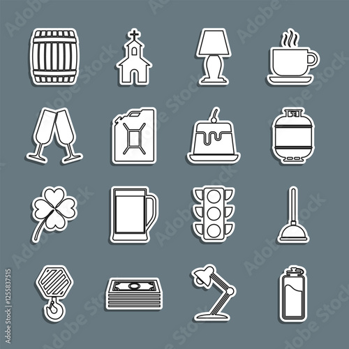 Set line Sport bottle with water, Rubber plunger, Propane gas tank, Table lamp, Canister for gasoline, Glasses of champagne, Wooden barrel and Pudding custard icon. Vector