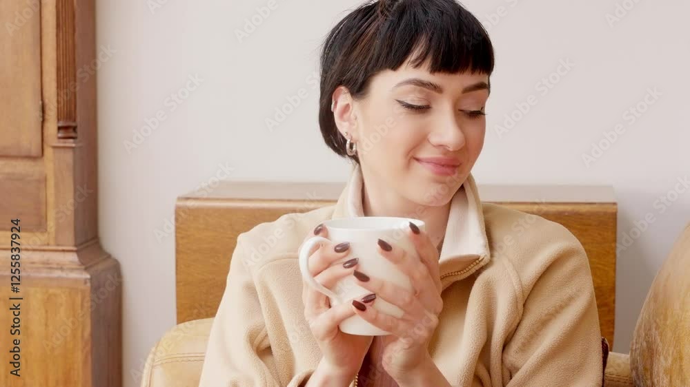Woman enjoys warm drink in cozy setting while lost in thought Woman enjoys warm drink in cozy setting while lost in thought