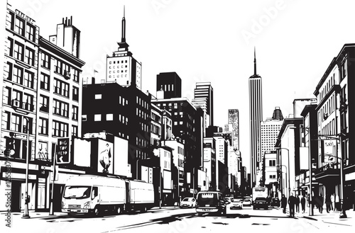 City landscape. Line urban backdrop. Different buildings on street, outline cityscape hand sketch, flat houses. Hand drawn vector illustration