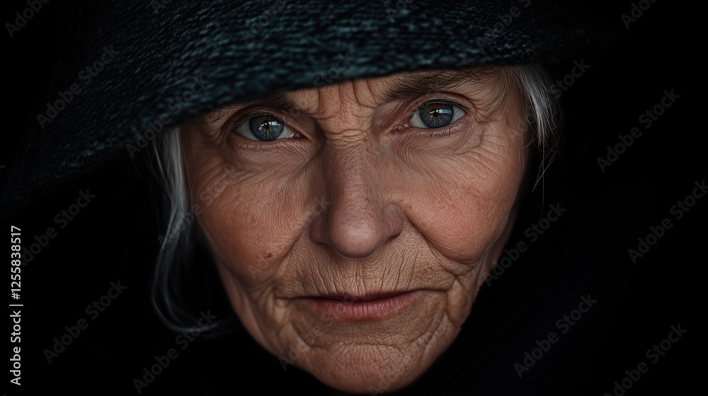 A close-up portrait of an elderly woman wearing a dark hat, showcasing her expressive eyes and wrinkles. A close-up portrait of an elderly woman wearing a dark hat, showcasing her expressive eyes and wrinkles.