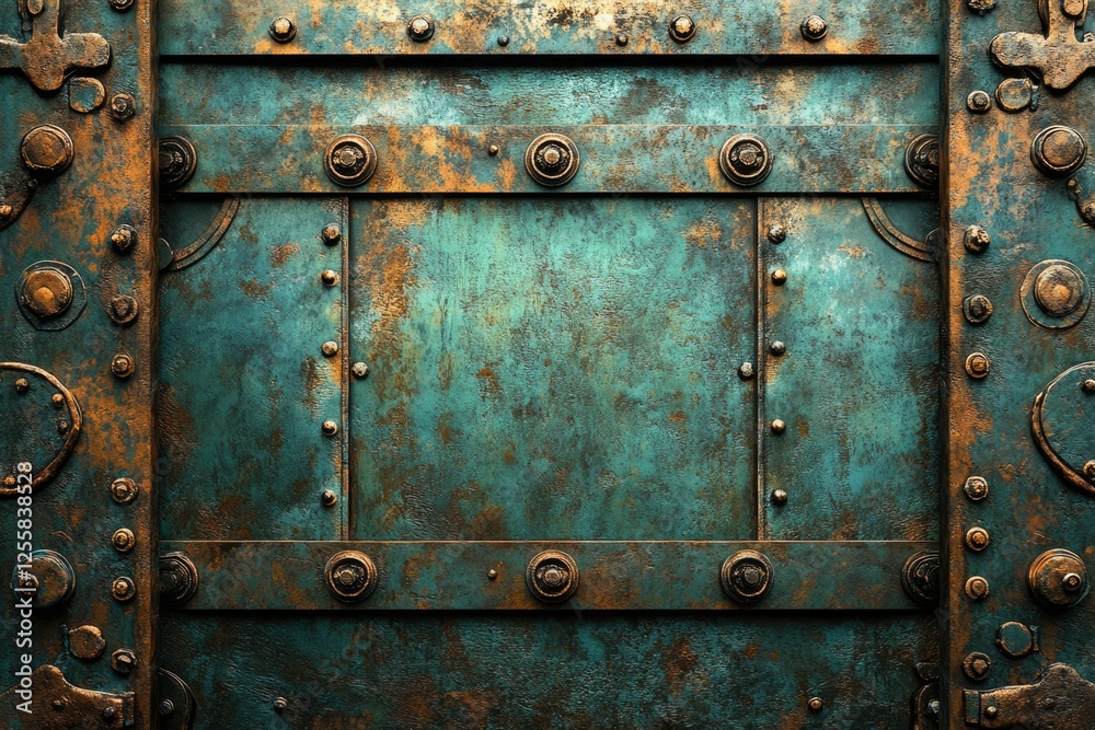 Rustic teal metal panel with copper accents, rivets, and aged texture. Rustic teal metal panel with copper accents, rivets, and aged texture.